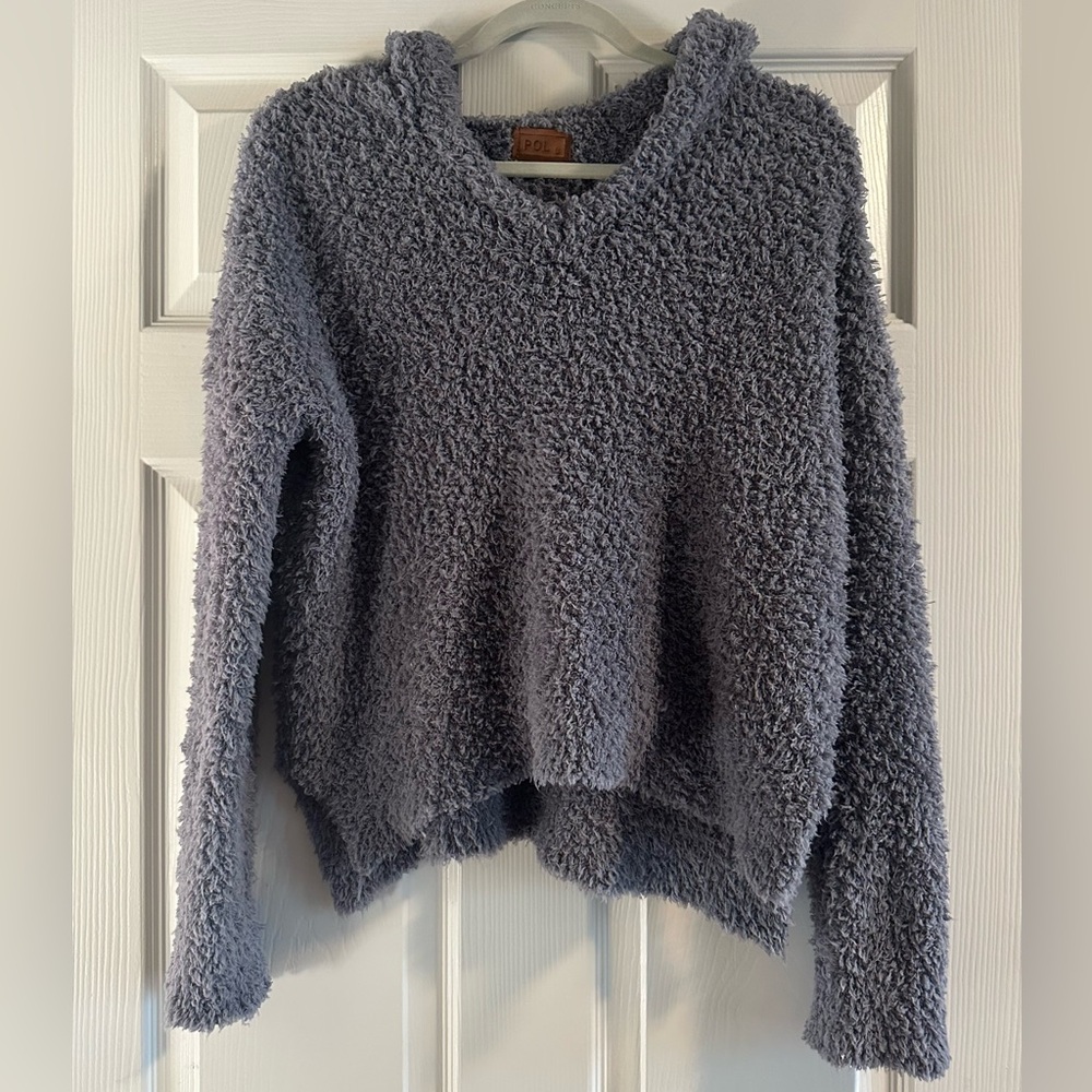 POL Med Gray Soft Fuzzy Oversized Hooded Sweater
